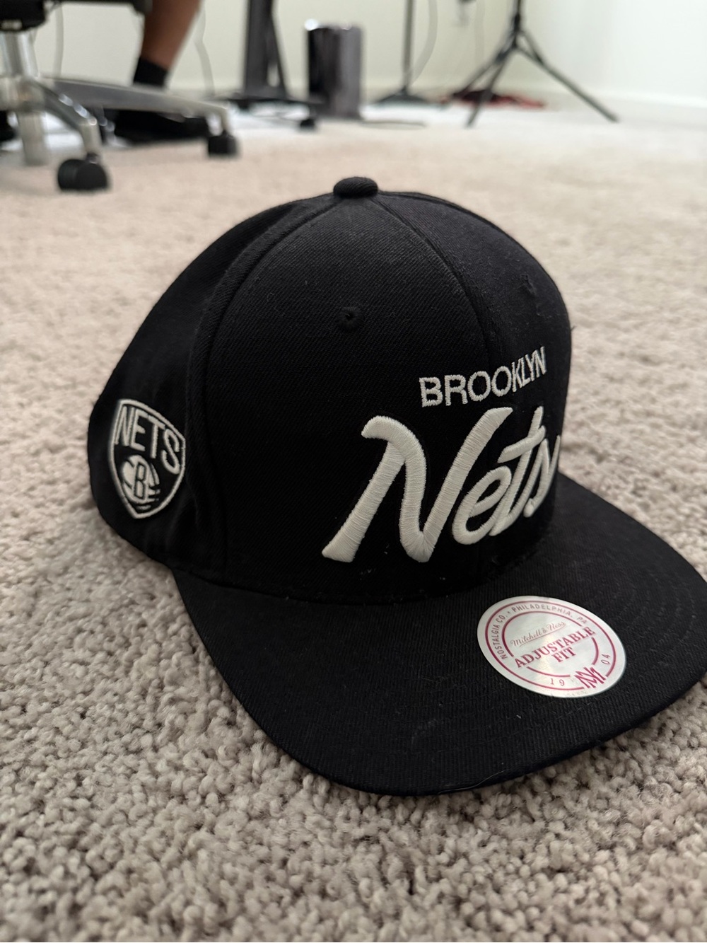 Mitchell & Ness Brooklyn Nets Black and White Script Snapback Hat
